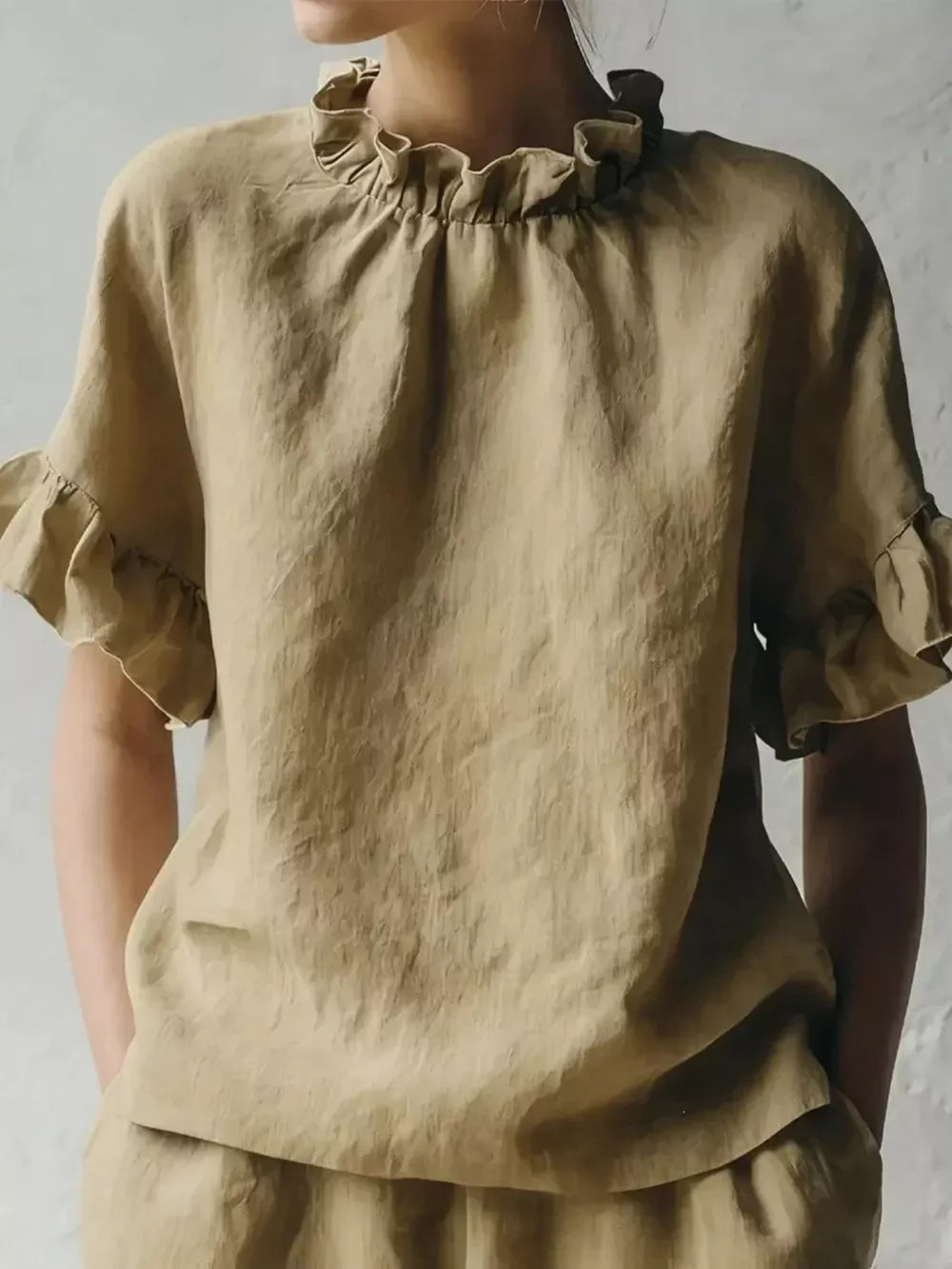 Khaki ruffled neck half-sleeve shirt with ruffled cuffs