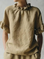 Khaki ruffled neck half-sleeve shirt with ruffled cuffs