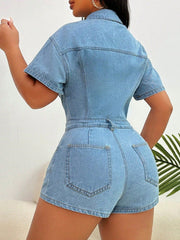 Light wash denim bustier romper with collared neckline, short sleeves, and buttoned front.
