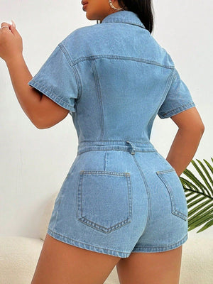 Light wash denim bustier romper with collared neckline, short sleeves, and buttoned front.