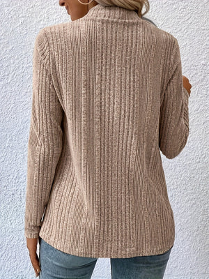 Khaki ribbed knit waterfall cardigan with a mock neck and long sleeves.