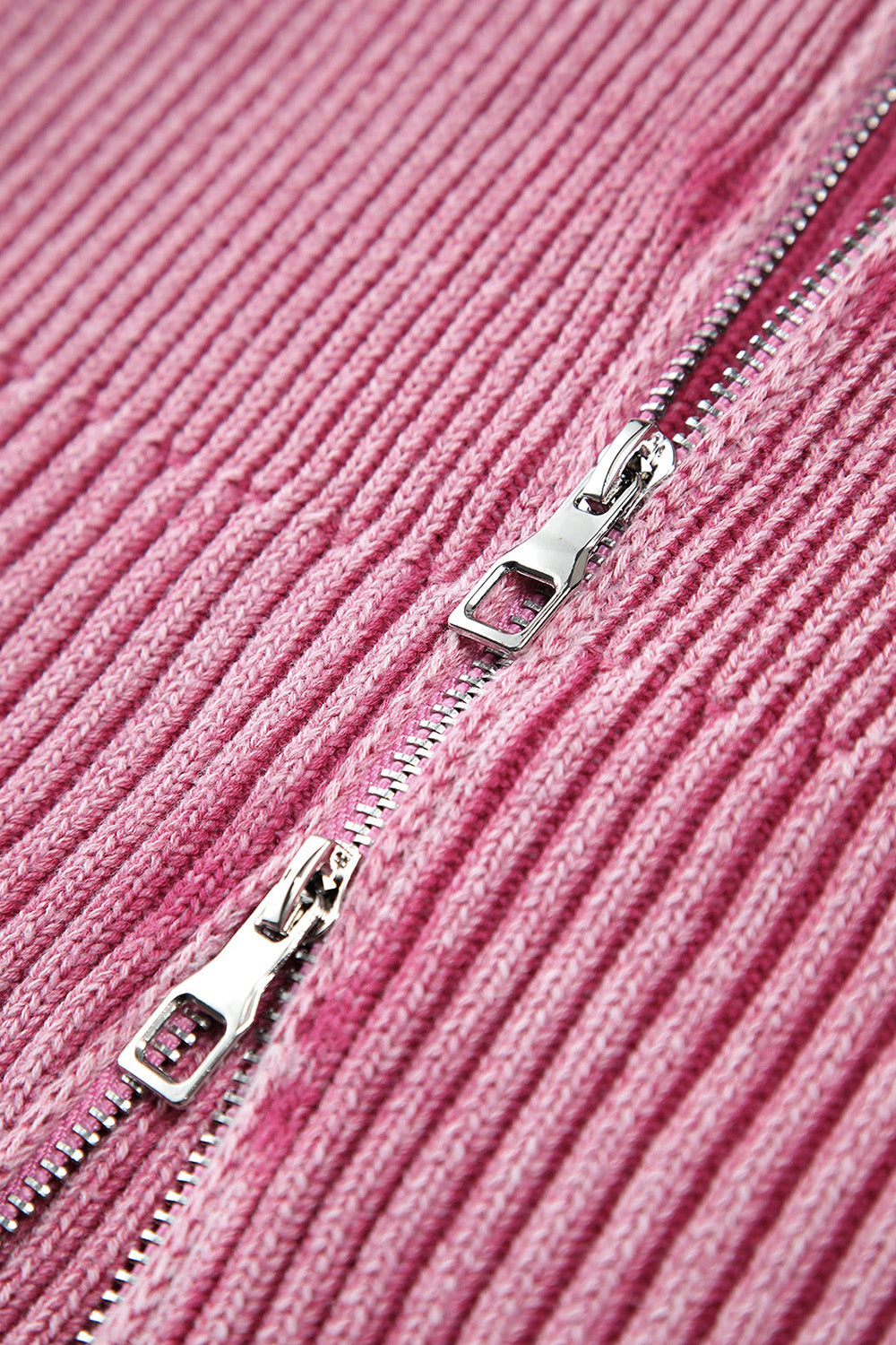 Pink ribbed knit top with silver zipper detail