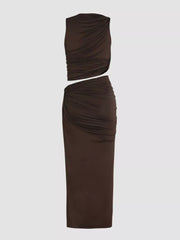 Asymmetrical Ruched Knit Top And Skirt Set in Yellow Green, alternate angle