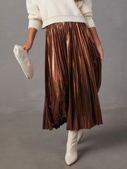 Metallic bronze accordion pleat midi skirt with a high waist.