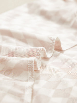 Beige checkered mesh crew neck t-shirt with visible stitching detail.