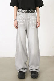 Bleached wash wide-leg denim trousers in gray with a relaxed fit and distressed detailing.