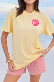 Yellow polyester t-shirt with distressed pink "Lake Life" graphic, crew neck, short sleeves.