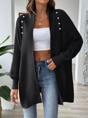 Black ribbed knit cardigan with pearl buttons and open front