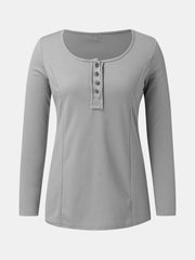 Gray ribbed long sleeve henley scoop neck top with button detail