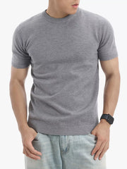 Men's gray knit crew neck undershirt with short sleeves and ribbed hem.