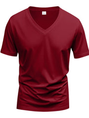 Burgundy V-neck t-shirt with a modern muscle fit and short sleeves.