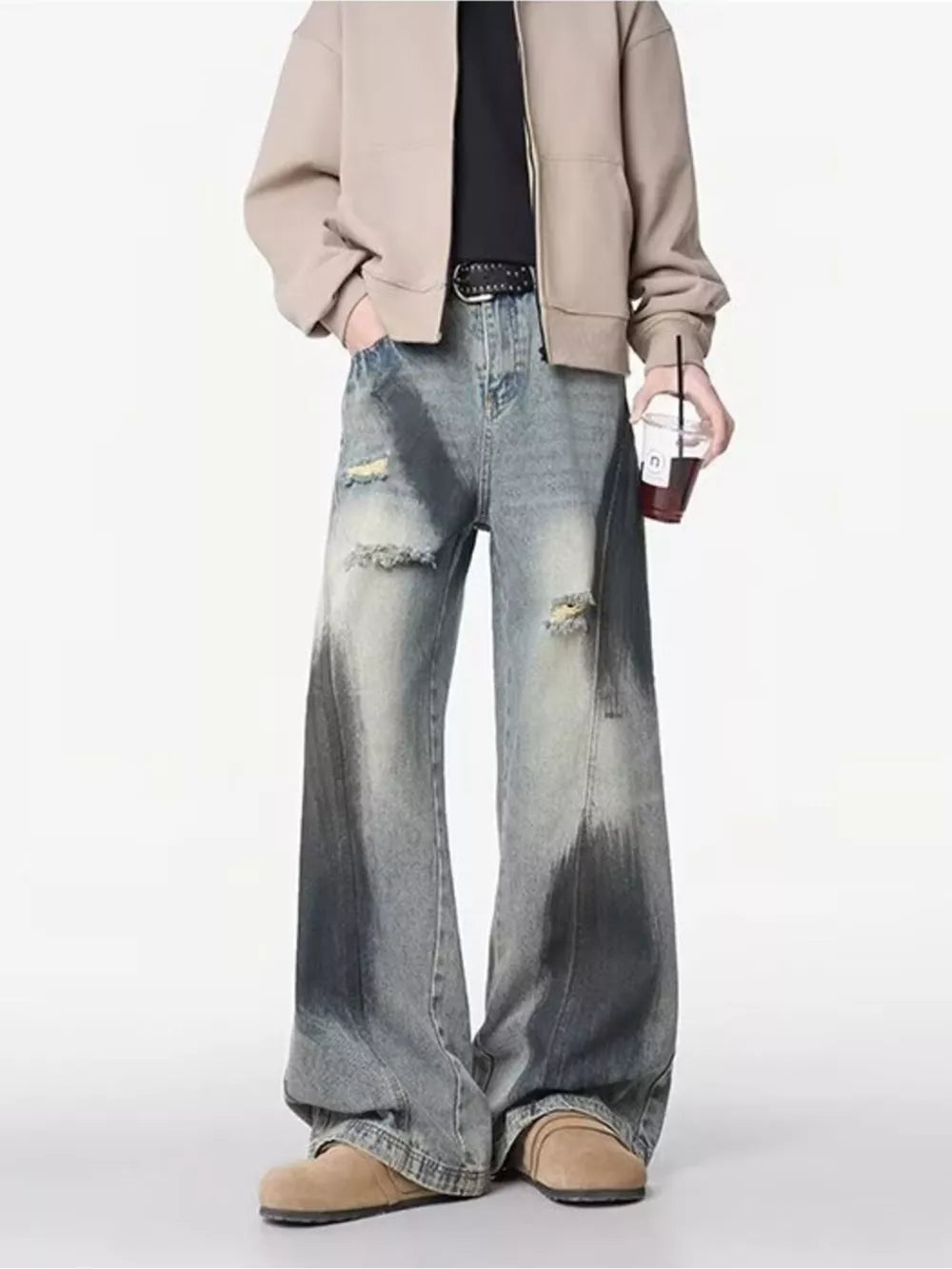 Distressed wide-leg jeans with belt detail and gradient wash