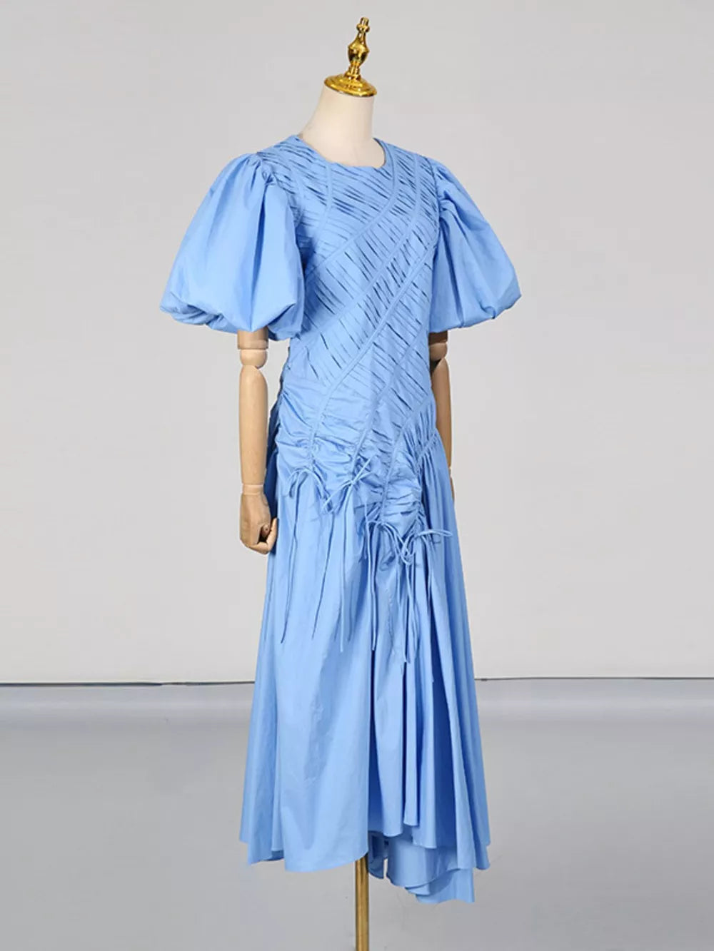 Puff Sleeve Ruched Midi Dress in Green, side view