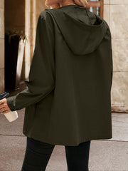 Army green hooded track jacket with zip detail and pockets.