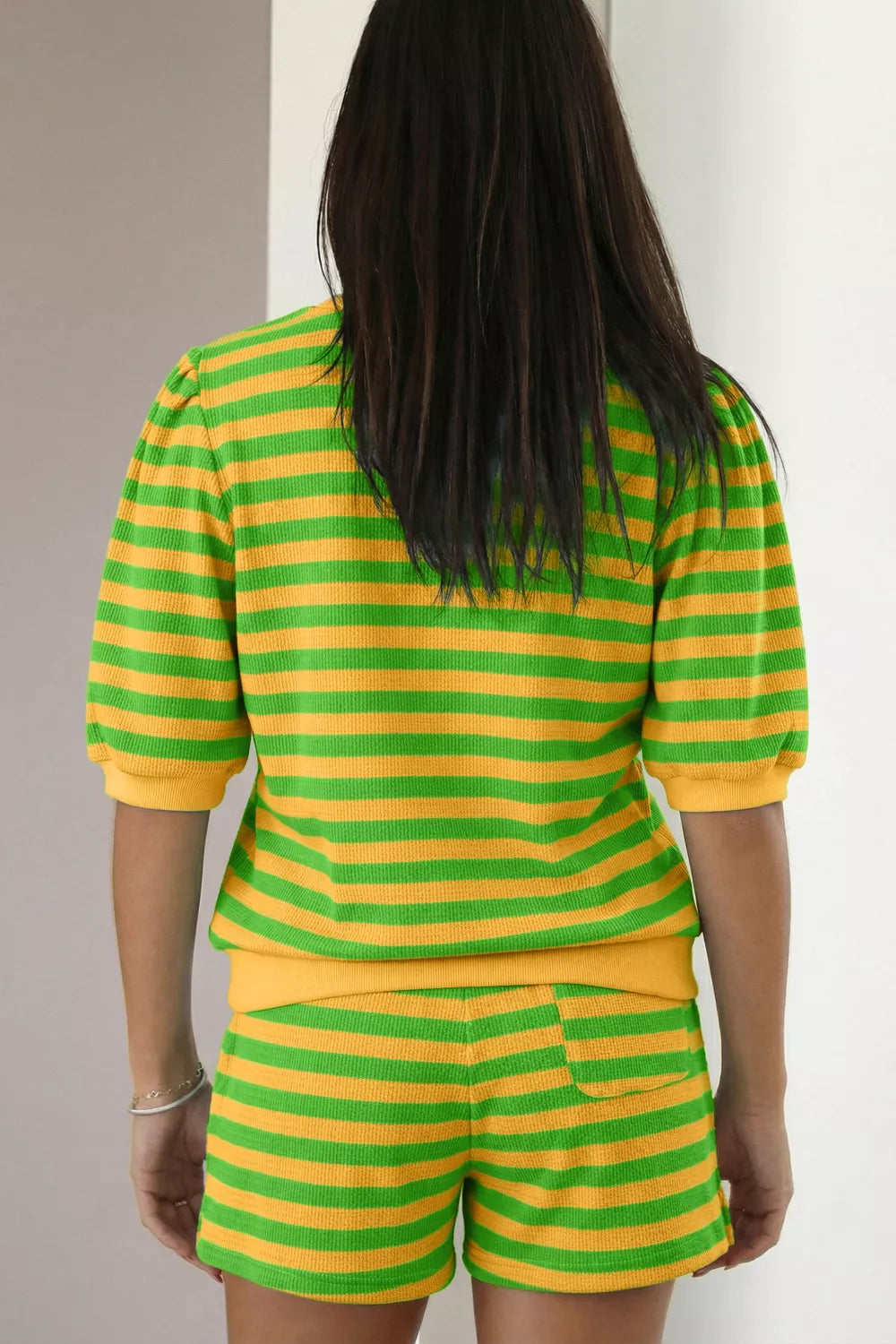 Green and yellow striped puff sleeve top and drawstring shorts set