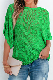 Green open-knit chevron sleeve top with a relaxed fit.