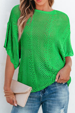 Green open-knit chevron sleeve top with a relaxed fit.