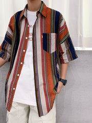 Men's striped half sleeve shirt in cotton blend with classic collar and button-down front.