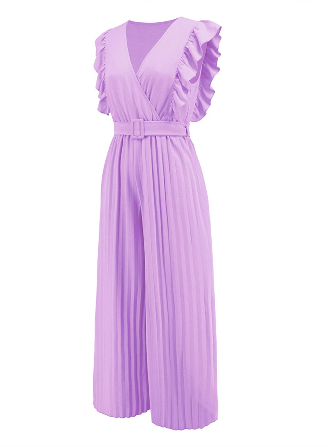 Pleated ruffle wrap jumpsuit in pink purple with a matching belt and wide legs.