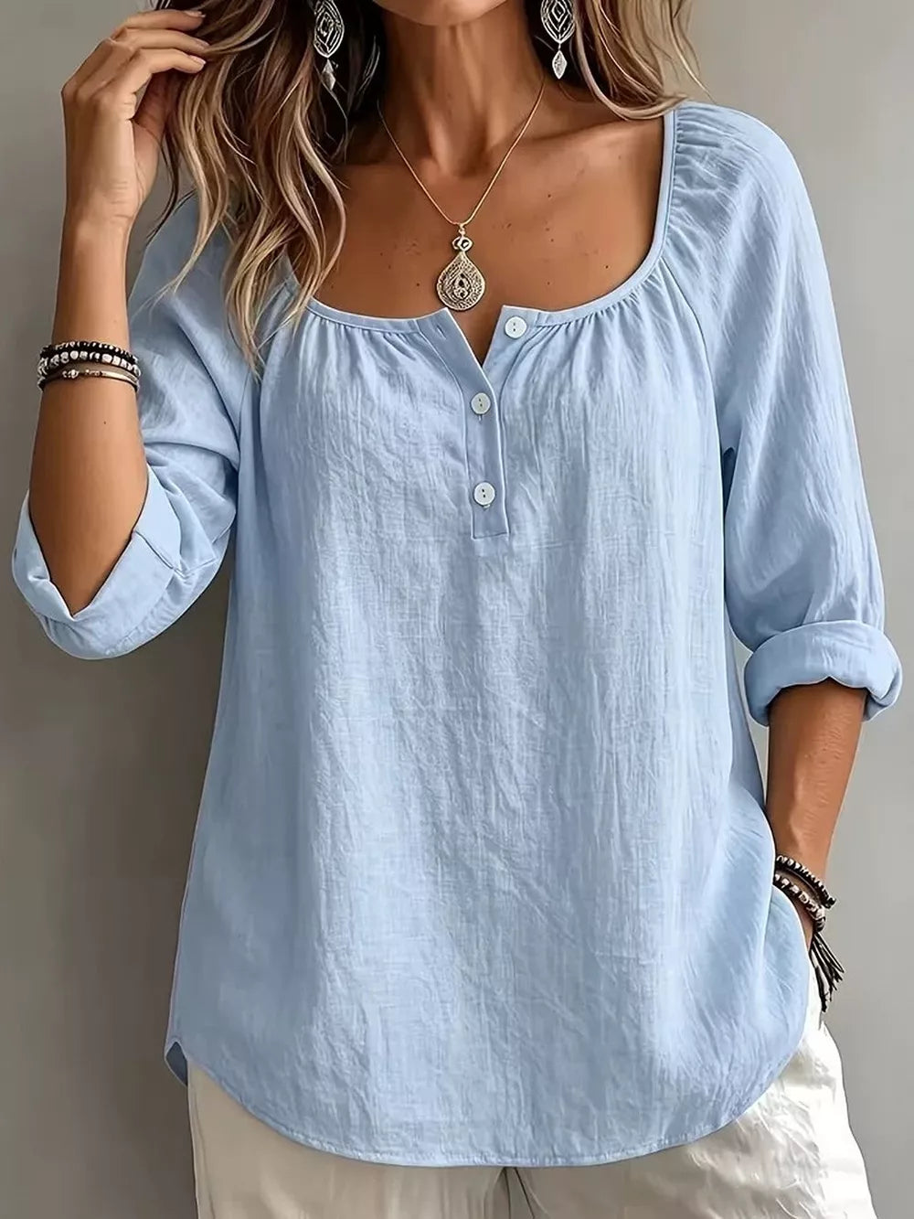 Button Detail Long Sleeve Top in Light Blue, alternate angle