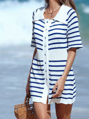 Coastal Chic striped knit mini dress with button-down front and collar.