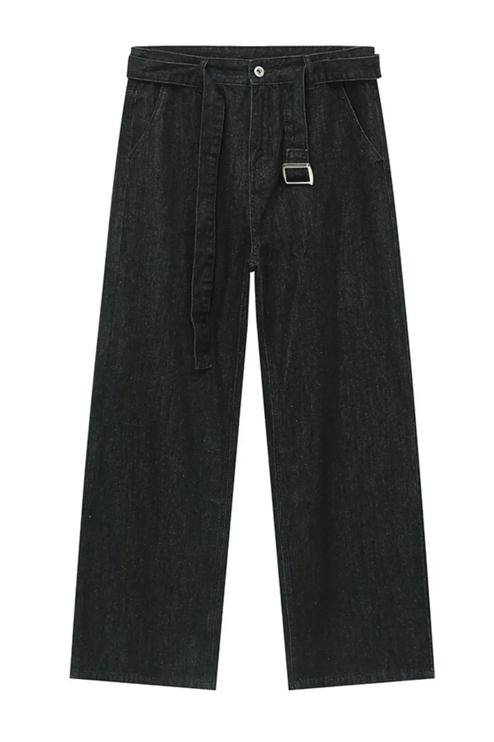 Black wide-leg denim jeans with a matching belt and silver buckle detail.