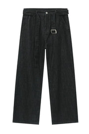 Black wide-leg denim jeans with a matching belt and silver buckle detail.