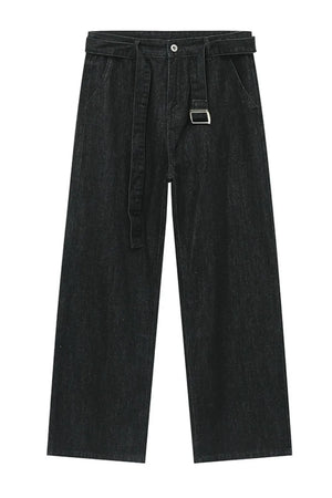 Black wide-leg denim jeans with a matching belt and silver buckle detail.