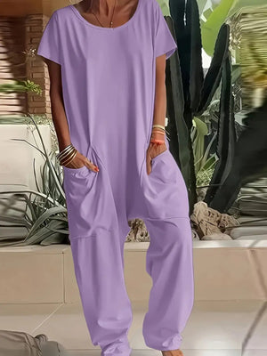 Loose Fit V-neck Short Sleeve Wide Leg Jumpsuit in Floral Gray, view 13