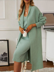 Ribbed knit midi dress and duster set in Gum Leaf, with a cami neckline and open front cardigan.