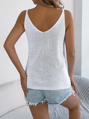 White cable knit tank top with V-neck and button front detail