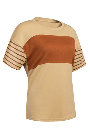 Colorblock raglan tee in tan and chocolate with striped sleeves and crew neck.