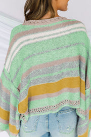 Open-shoulder knit pullover with horizontal stripes in gum leaf, featuring a boatneck and distressed hem.
