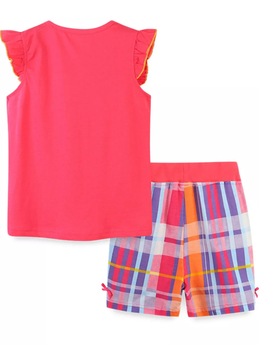 Toddler girls' pink cotton set with ruffled sleeves and plaid shorts.