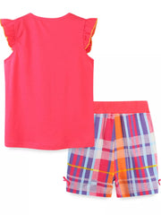 Toddler girls' pink cotton set with ruffled sleeves and plaid shorts.