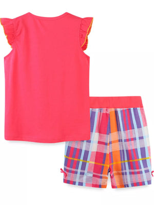 Toddler girls' pink cotton set with ruffled sleeves and plaid shorts.