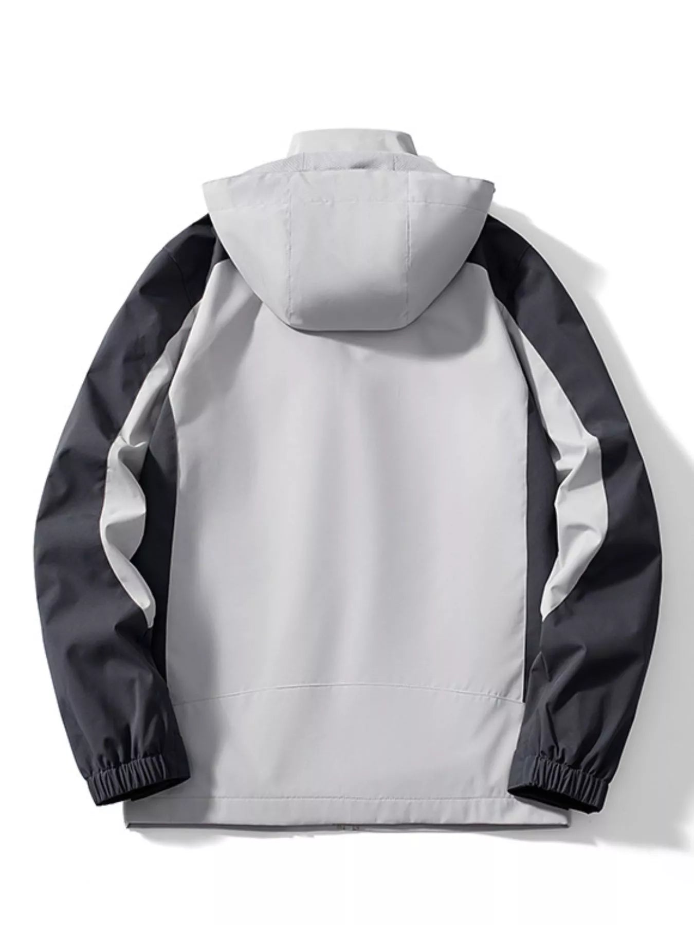 Men's plus-size colorblock waterproof jacket with hood in gray and dark gray.