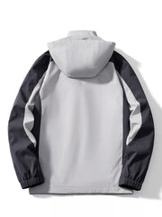 Men's plus-size colorblock waterproof jacket with hood in gray and dark gray.