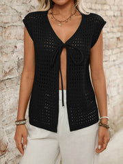 Black open-knit sleeveless cardigan with tie-front detail and V-neck