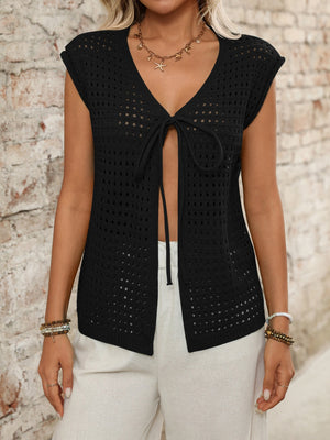 Black open-knit sleeveless cardigan with tie-front detail and V-neck
