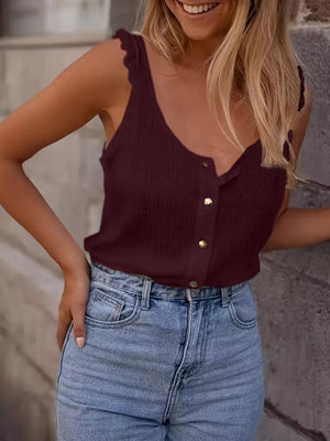 Burgundy textured button tank top with frill trim straps and a V-neckline.