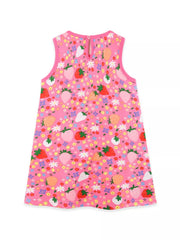 Toddler pink cotton dress with strawberry and floral print, sleeveless, round neck