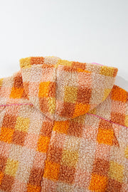 Checkerboard sherpa jacket in tangerine with contrast collar and hood detail