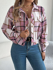Cropped plaid shacket in dusty pink with gathered sleeves and button front.