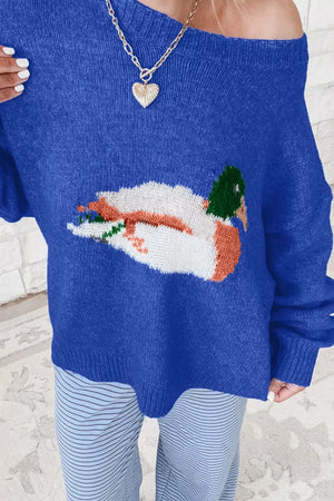 Duck Graphic Drop Shoulder Sweater in Royal Blue, model styling view