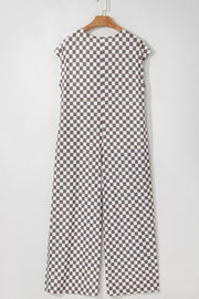 Checkered palazzo jumpsuit in mocha with cap sleeves and wide legs.