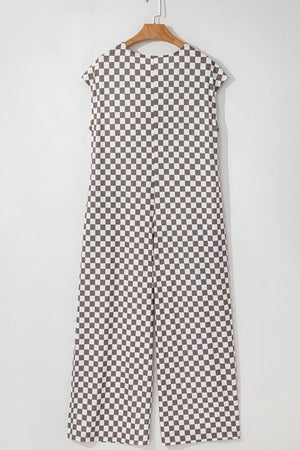 Checkered palazzo jumpsuit in mocha with cap sleeves and wide legs.