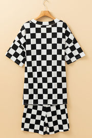Black and white checkered short sleeve top and shorts outfit set