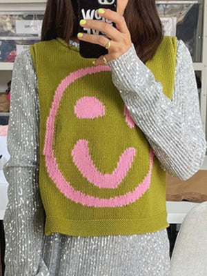 Olive knit tank top with pink smiley face graphic, crew neck, sleeveless