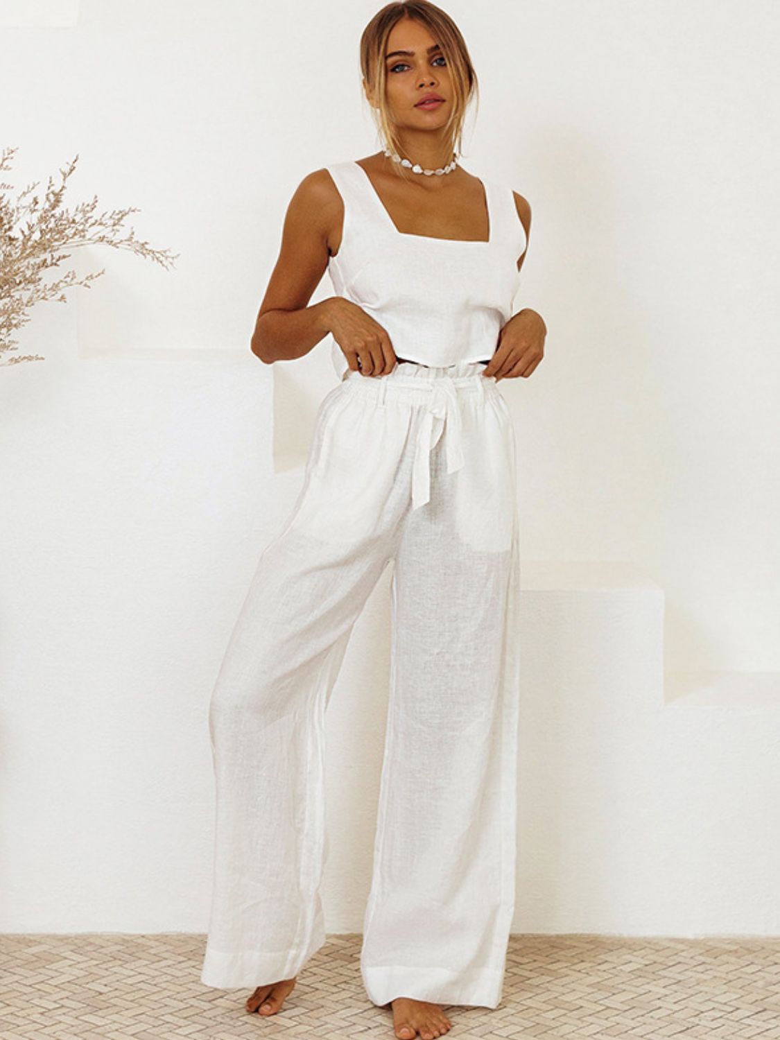 White linen square neck crop top and wide leg pants set with tie waist